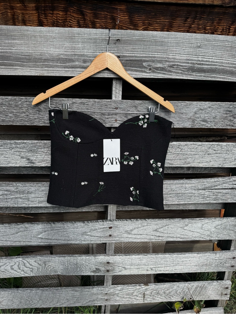 Zara Black Bustier Crop Top with White Floral Embroidery